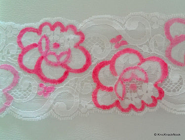 White And Pink Rose Floral Net Lace Trim Ribbon 85mm wide